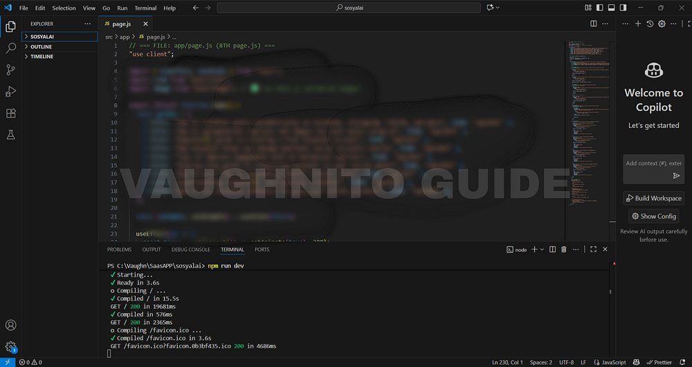 Next.js code editor showing the base layout structure for SosyalAi home page setup.