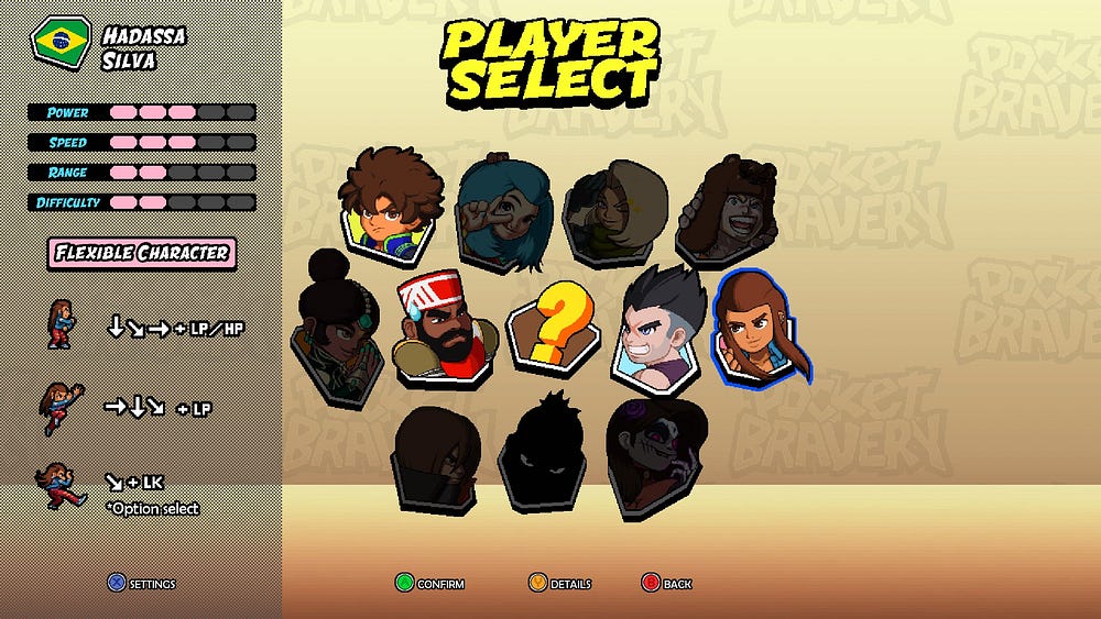 Pocket Bravery shows the player a lot of information in its character selection screen.