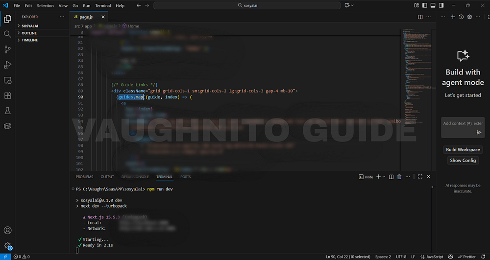 Next.js interface showing how SosyalAi homepage integrates guide sections with styled navigation links.