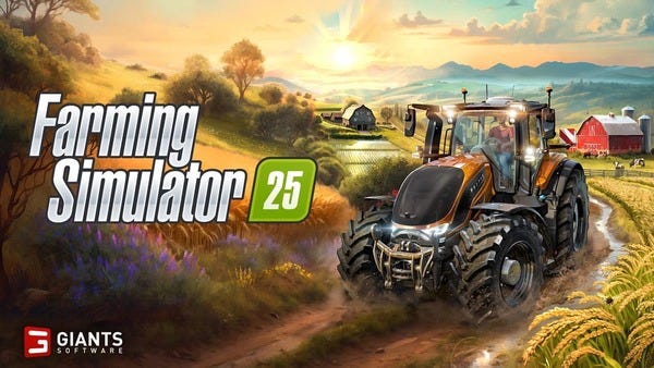 Un tracteur quitte la ferme. Le titre du jeu 'farming simulator 25' est écrit sur l'image.