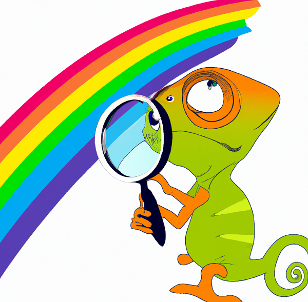 A cartoon chameleon with a magnifying glass, analyzing a rainbow