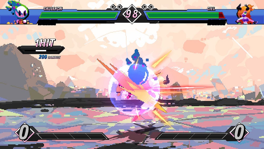 The picture shows the character Skullion performing an universal overhead on their opponent, the devil Ciel.