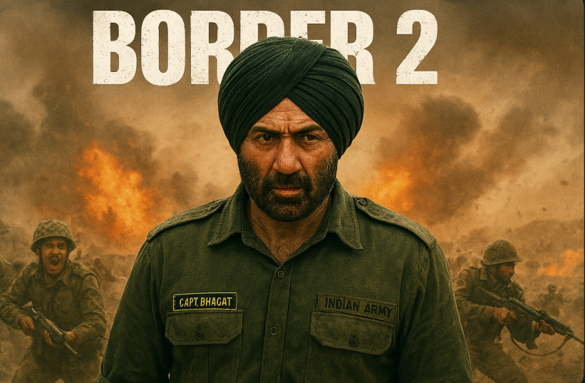 a cinematic, poster-style artwork showing Sunny Deol in a heroic soldier’s pose against a dramatic battlefield backdrop, with tanks, soldiers, and the Indian flag waving behind him.