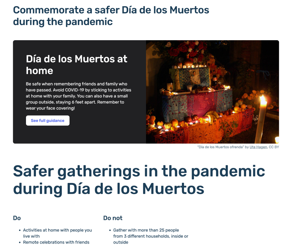 Screenshot of our Dia de los Muertos page, with respectful suggestions to “commemorate” instead of “celebrate.”