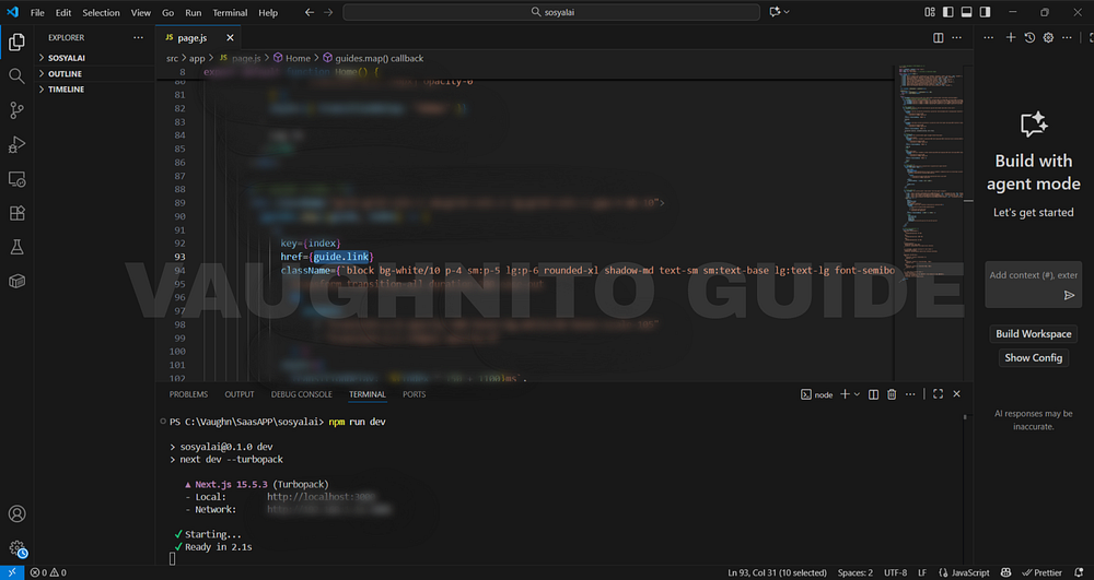 Behind-the-scenes view of adding guides and helpful links to SosyalAi homepage for creators and app builders.