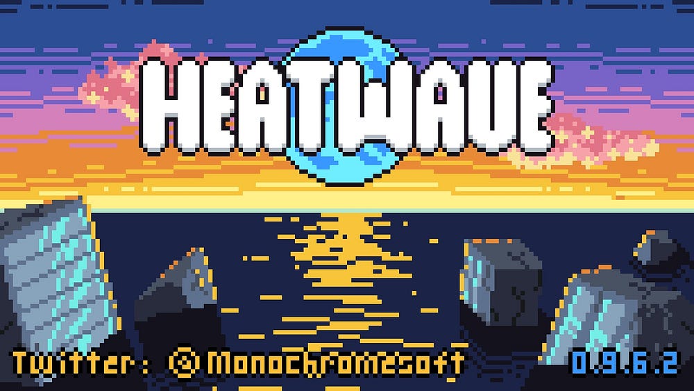The title screen of Heatwave, featuring a pixel-art flooded planet Earth.