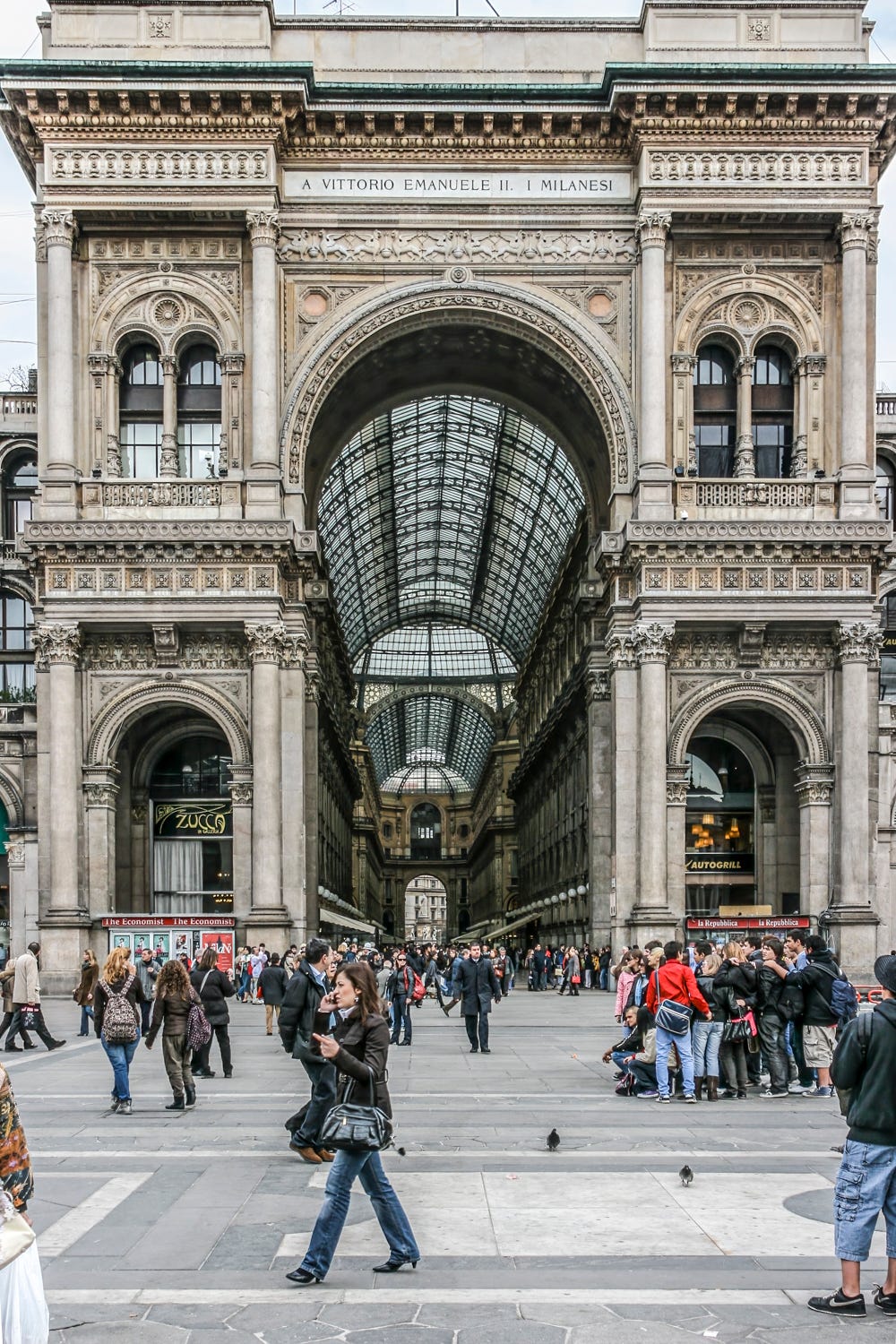 View of the Galleria Vittorio Emanuele II’s main entrance from the Piazza del Duomo.