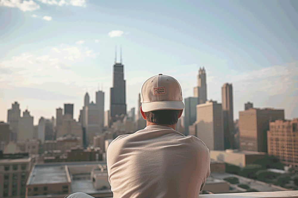 The back of a man looking out towards a Chicago city scape during a sunny afternoon.