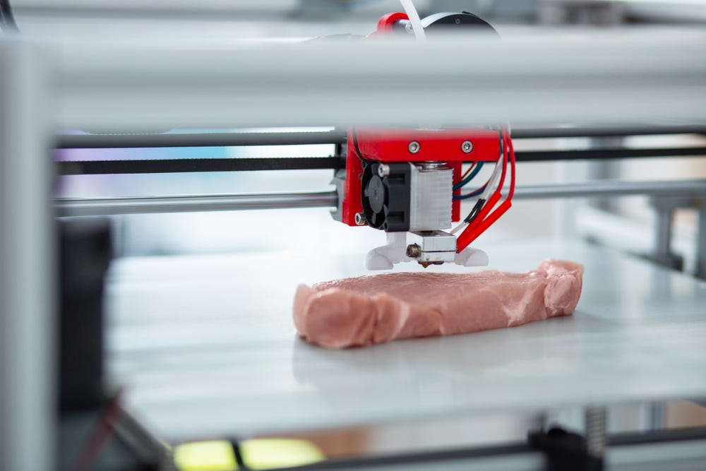 Picture of a 3D printer with a piece of meat below the nozzle.