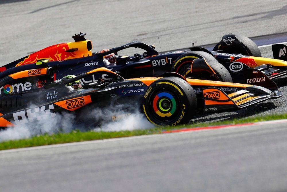 Lando Norris locks up as he tries to get past Max Verstappen; another not quite successful overtake at the Spielberg circuit during the Austrian Grand Prix, 2024.