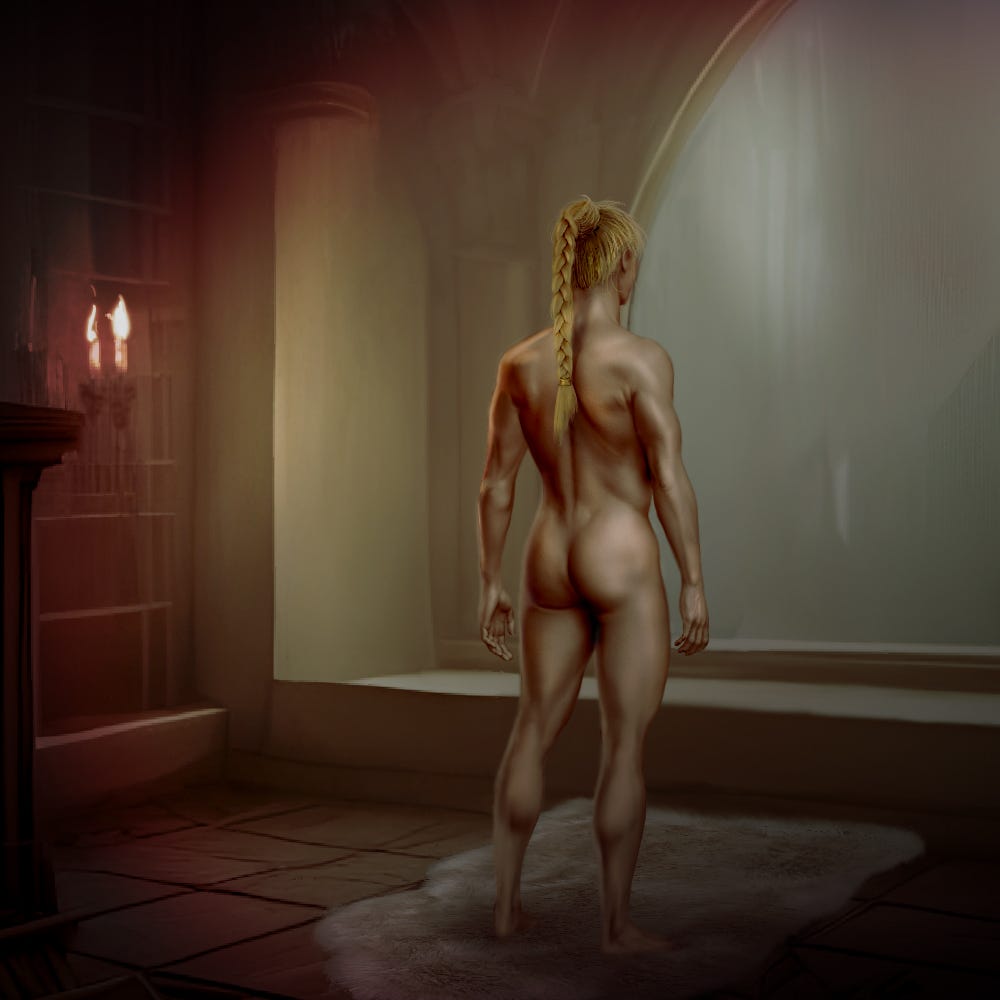 naked muscular woman from the back, gazing out a large window in a fantasy scene