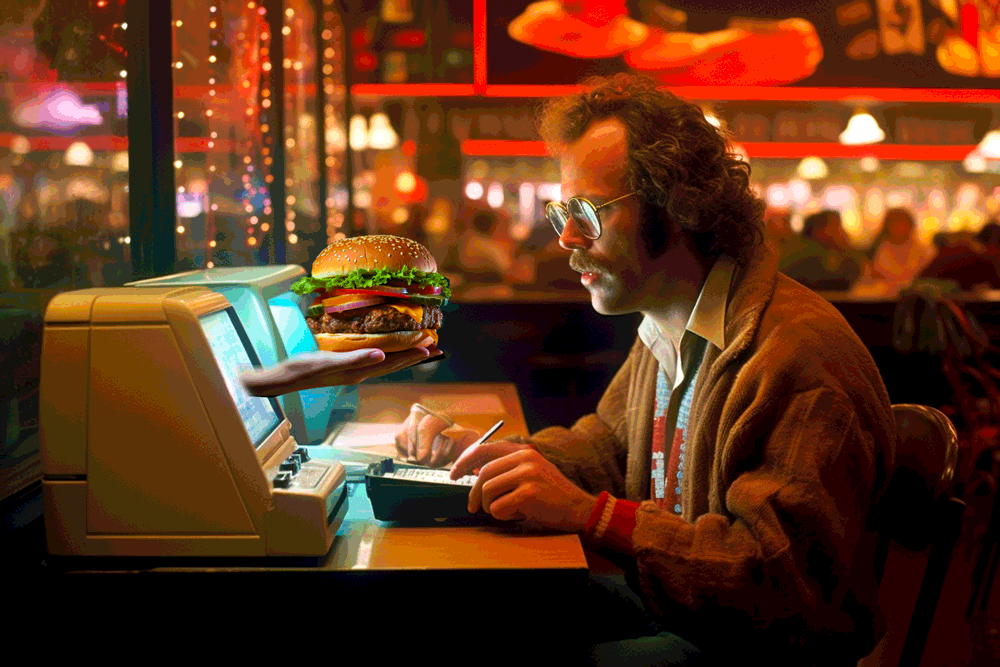A hand holding a delicious burger emerging from a retro-futuristic computer, to the astonishment of a 1980s looking man, in the style of When Harry Met Sally