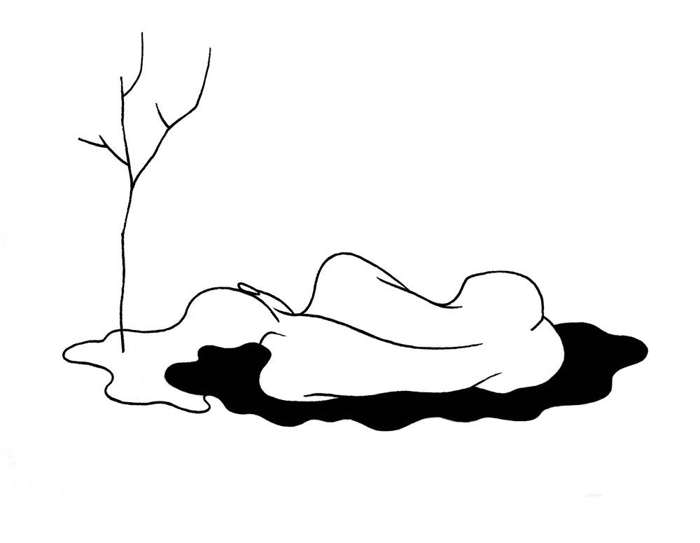 A black ink drawing of a reclined nude figure in a black pool, a leafless twig sprouting from the figure’s head.