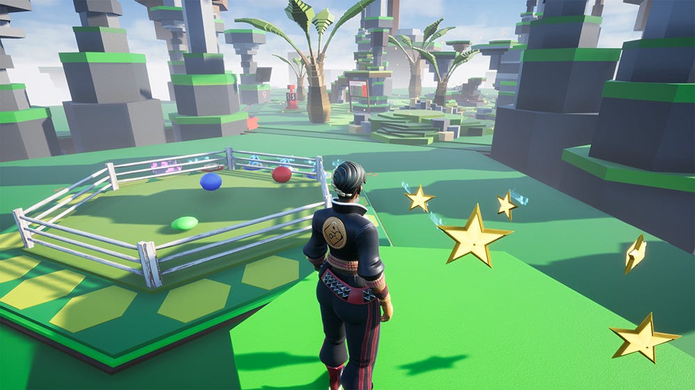 A human character looks out over a green, daylit environment. Most of the landscape appear to be made from octagons. Gold stars a placed around the landscape and a small enclosure featuring little round creatures can be seen in the foreground.