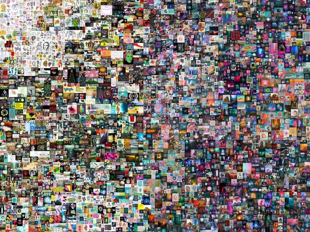 Imagem da obra de arte digital "Everydays: The First 5000 Days", uma coleção de imagens digitais sobrepostas.