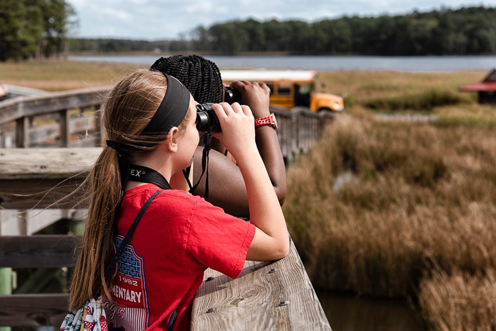 Two girls looking through binoculars. Marshgrass in background