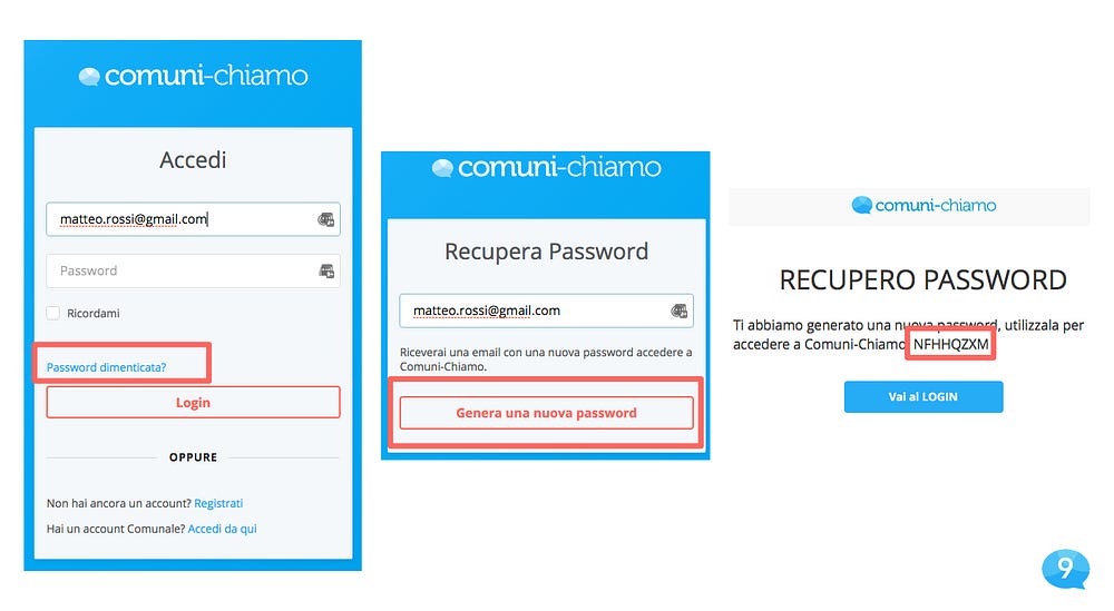 Schermata piattaforma web Comuni-Chiamo recupera password Schermata piattaforma web Comuni-Chiamo recupera password