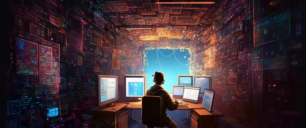 A person sits before monitors in a dark room, surrounded by a vibrant matrix of floating digital panels in blues, oranges, and purples, suggesting intense work in a high-tech or cybersecurity environment. The setup exudes a futuristic, digital-world vibe.