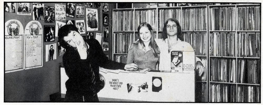 Pete and Mari Stennett behind the counter at Small Wonder Records (which they opened in December 1975 and ran until 1983)