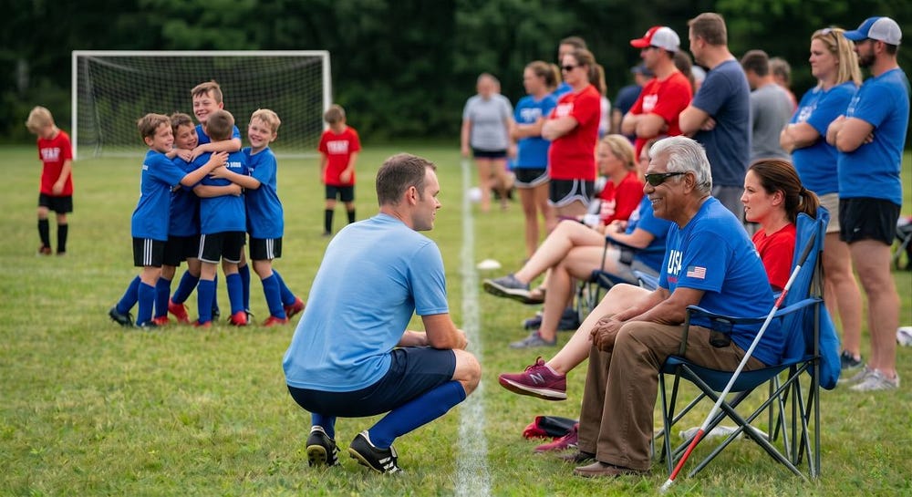A man in a blue athletic shirt hunkers down on the grass to talk with a seated older man wearing sunglasses and holding a white cane, while youth soccer players in blue jerseys celebrate a goal in the background.
