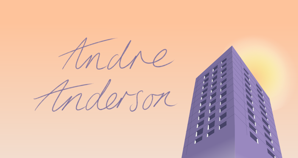 “Andre Anderson” in an italic font, on a peach background with a graphic image of an estate block rising on the right hand side.