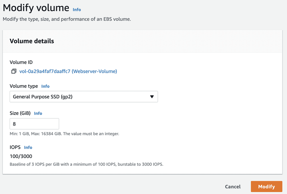 EBS volume modify window where user can modify the volume size, change the type of volume