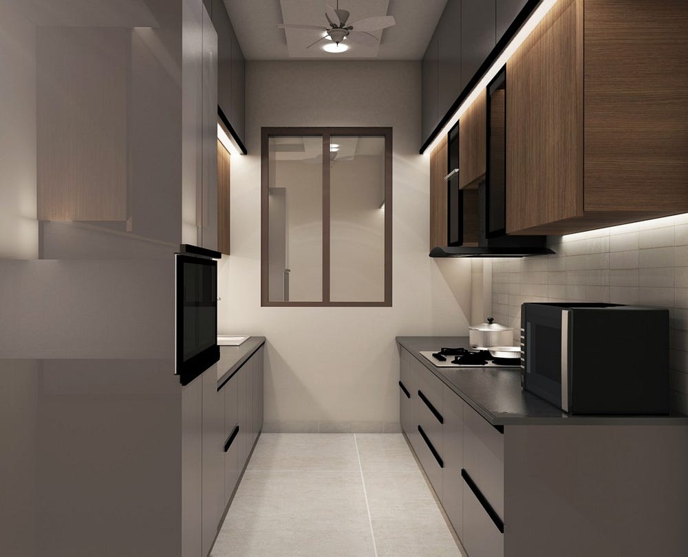 This modern parallel kitchen showcases a perfect balance of style and efficiency. Sleek black countertops contrast beautifully with matte grey lower cabinets and warm wood-finish overhead storage. Under-cabinet lighting enhances functionality while adding a cozy glow. Built-in appliances, a wall-mounted microwave, and a streamlined chimney highlight smart design. With clean lines and maximum storage, this layout ensures a clutter-free, functional, and elegant cooking space.