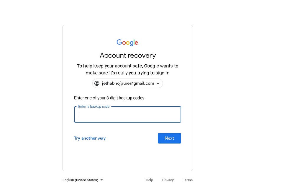 Recover Google account using backup code