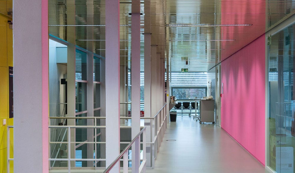 A colorful ultra-modern office hallway