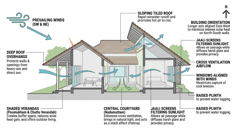 Diagram explaining climate-responsive house design in Kerala with cross ventilation, shaded verandas, sloping tiled roof, and building orientation used by architects in Calicut.