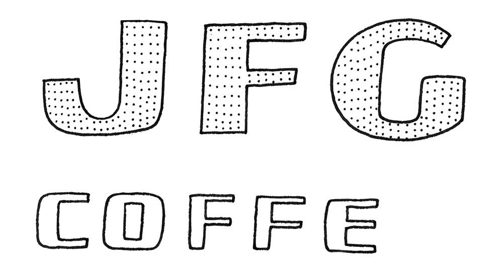 A black in drawing of a sign reading: JFG COFFEE