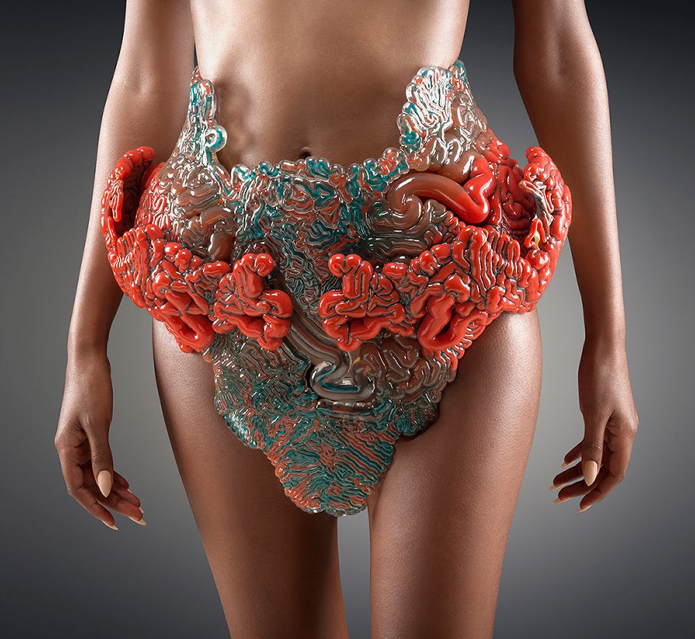 A wearable design by Neri Oxman that is wrapped around the lower part of a female