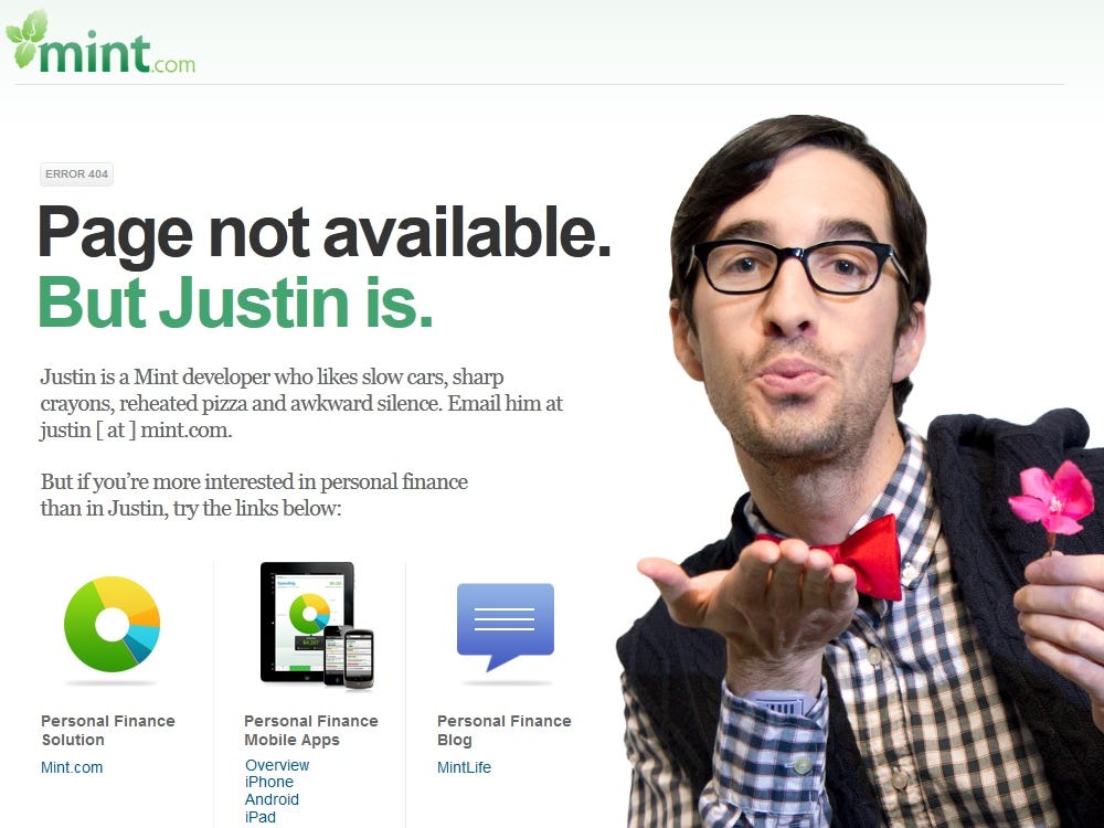 Mint.com 404 page displays humor and a silly joke to date a developer