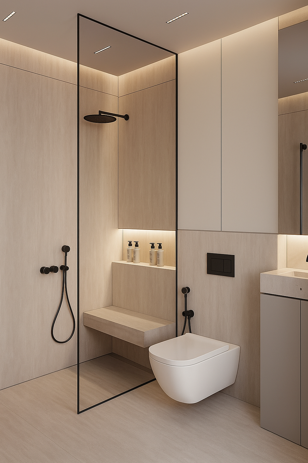 A modern minimalist bathroom featuring a sleek walk-in shower enclosed with a clear glass partition framed in black. The shower area includes a built-in floating bench and recessed shelf with ambient lighting, ideal for toiletries. A wall-mounted toilet with concealed flush panel and a floating vanity with integrated sink enhance the clean design. Soft beige wall tiles, matte black fittings, and subtle lighting create a luxurious yet functional bathroom interior.