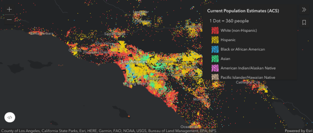 a dark map with contrasting colors depicting population and ethnicity in the Los Angeles area