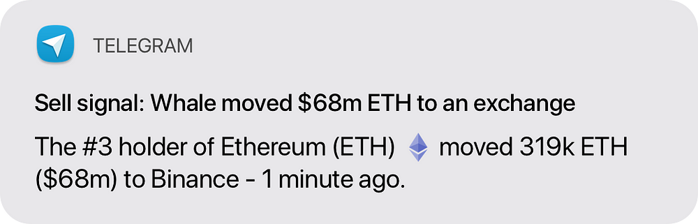 Telegram sell signal which says, "Sell signal: Whale moved $68m ETH to an exchange"