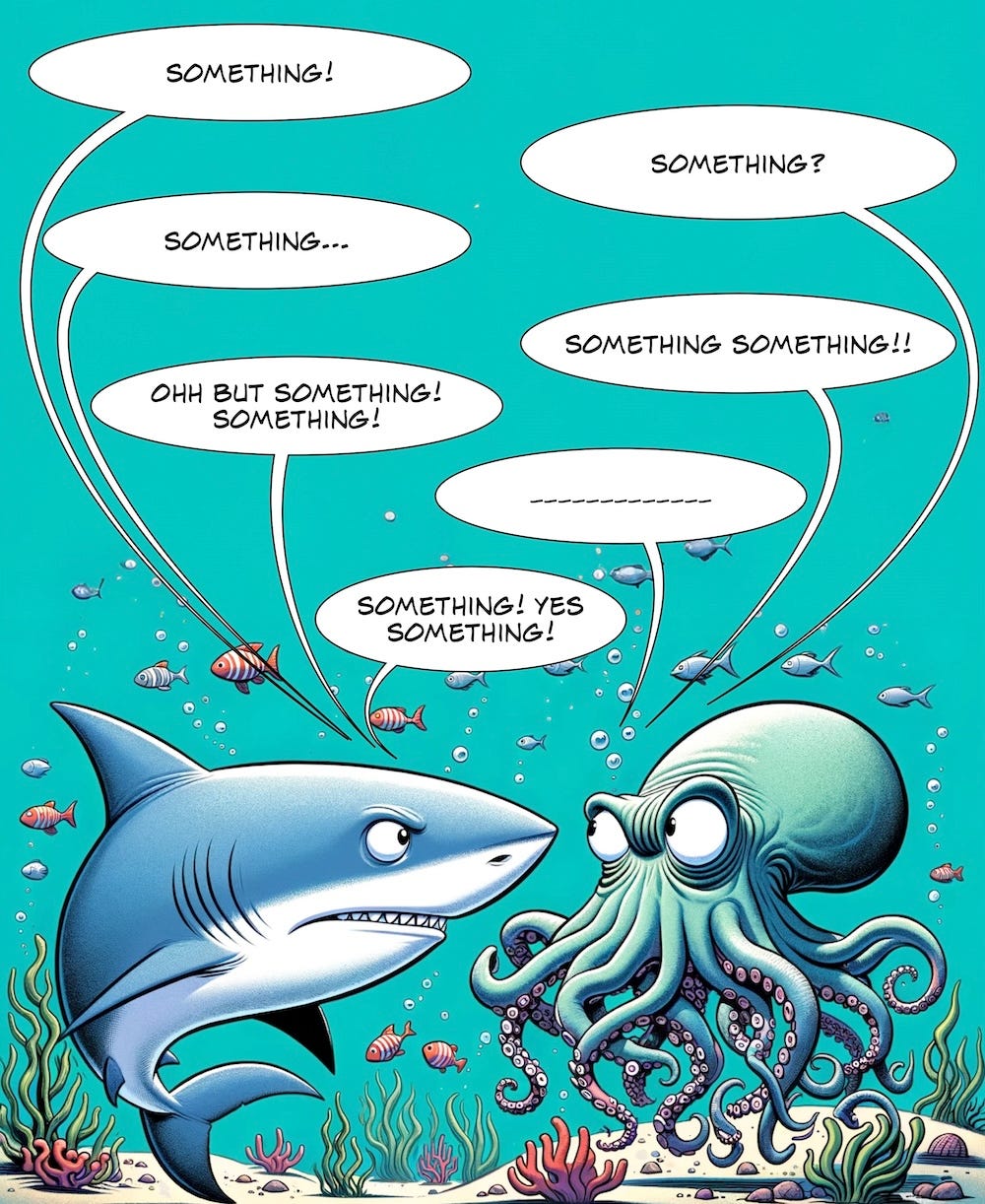 The image shows a colorful underwater scene in a comic book style. A shark and an octopus are facing each other with a series of speech bubbles above them, filled with variations of the word ‘something.’ The shark has a stern and somewhat confused expression, while the octopus looks surprised with wide eyes. The background is a bright teal, with small fish, bubbles, and sea plants scattered around. The speech bubbles indicate a back and forth conversation between the two sea creatures.