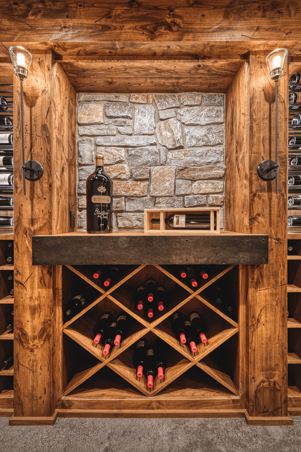 A contemporary custom Tuscan-style stone wine cellar