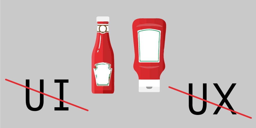 L’illustrazione di copertina mostra due bottiglie di ketchup: una in una classica bottiglia di vetro, l’altra in una pratica bottiglia easy-squeeze. La parola “UI” è etichettata sul flacone classico e “UX” è etichettata sul flacone easy-squeeze, ma sono entrambe barrate con una linea rossa.