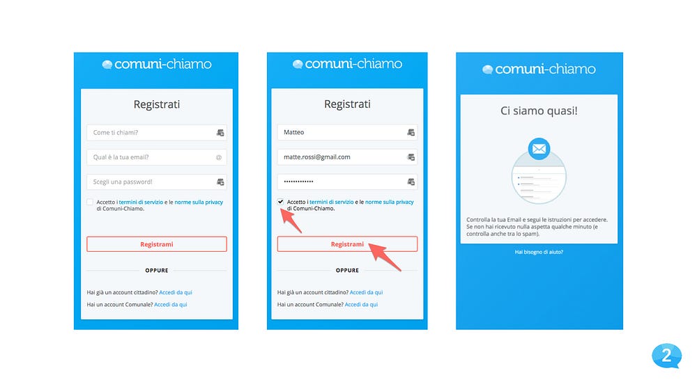 Schermata piattaforma web Comuni-Chiamo attivazione account Schermata piattaforma web Comuni-Chiamo attivazione account