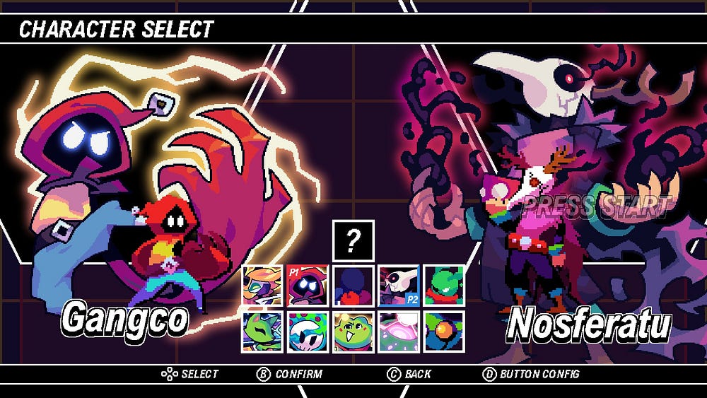 The character selection screen, showing all ten playable characters.