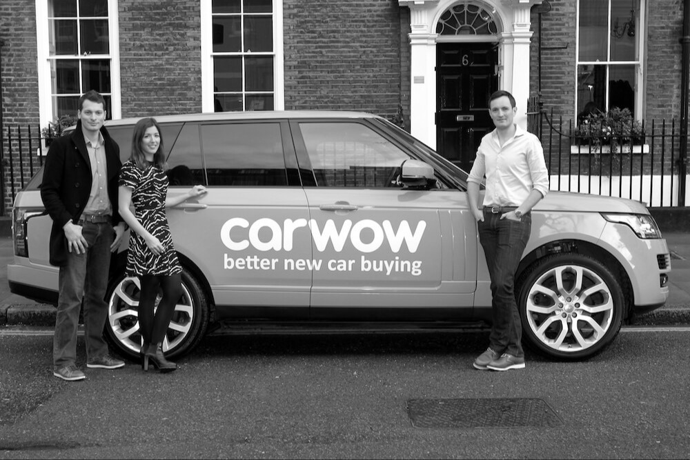 Black and white photo of David, Alex and James; Carwow’s co-founders