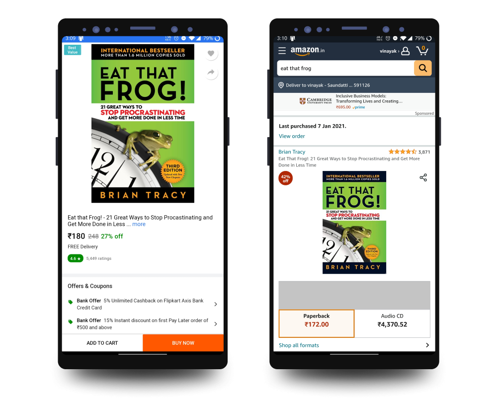 Mobile screenshots of online stores with the book buying page