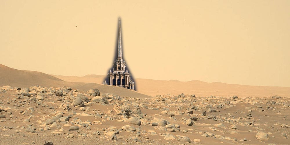An image of a Spire on Mars from the surface of Mars, photoshopped for illustration purposes. Photos courtesy of NASA and Elina Emurlaeva on Unsplash.