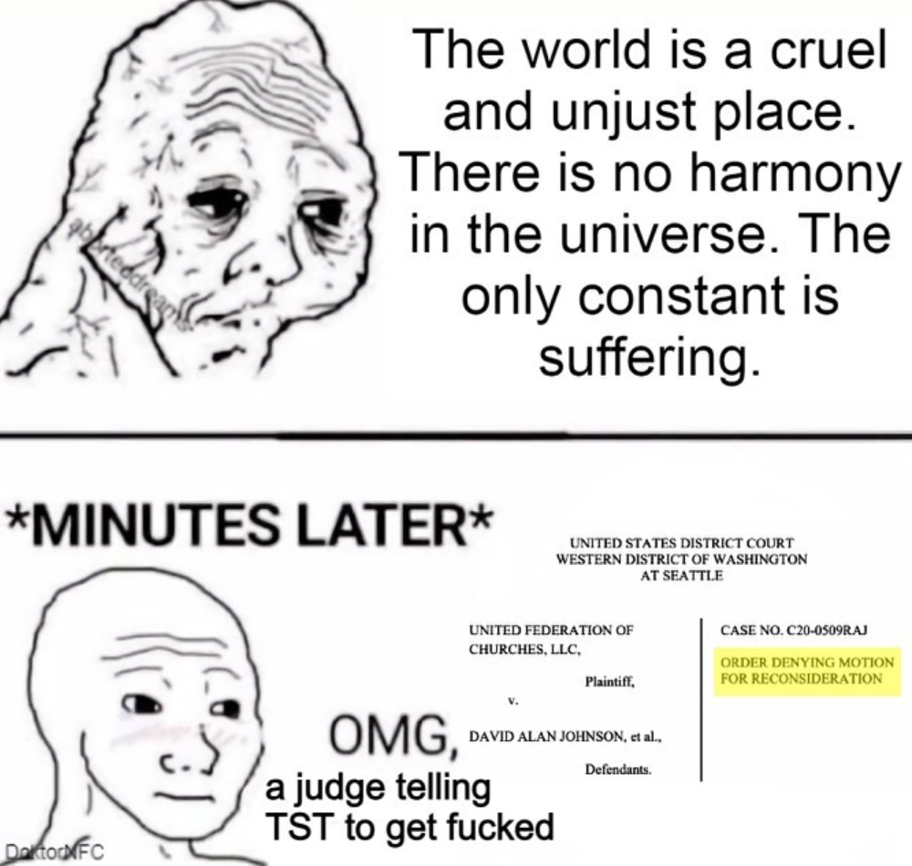 sad wojak “The world is a curel and unjust place. There is no harmony in the universe. The only constant is suffering”. *Minutes later* happy, blushing wojak “OMG, a judge telling TST to get fucked”