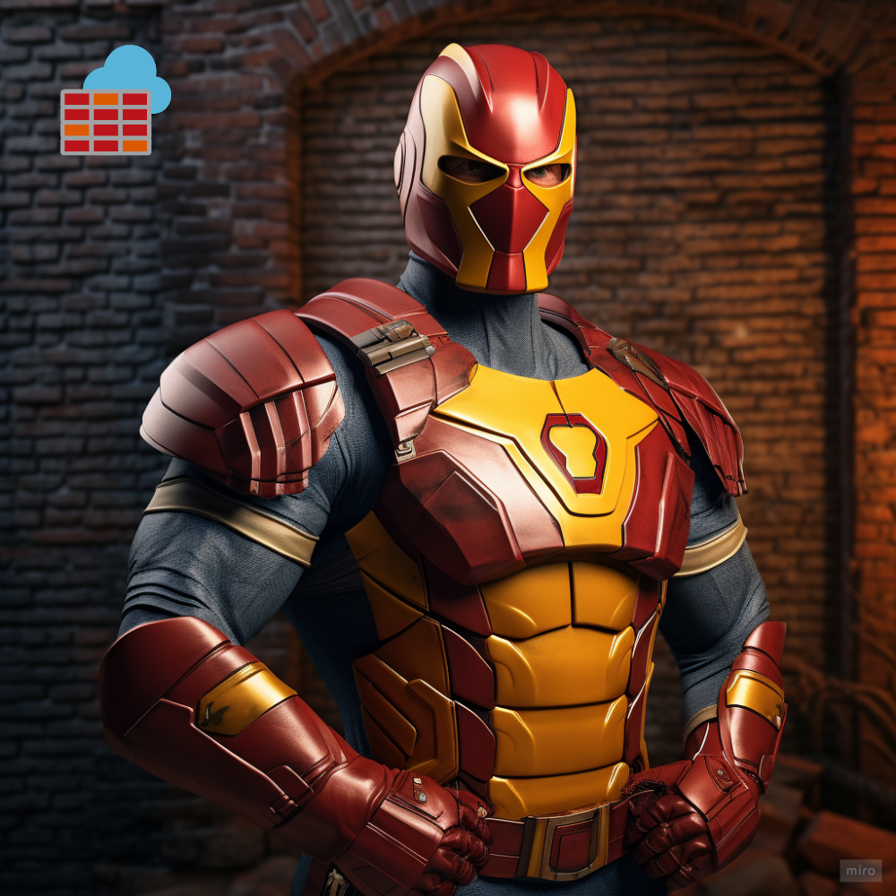 superhero, Fire Warden, security and vigilance, reliable, armor suit in red and yellow, flame symbol on the chest, brick wall on the background, ultrarealistic