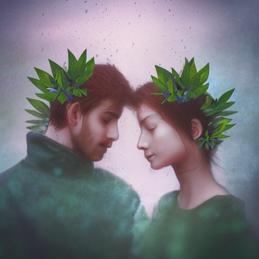 Prompt: a couple holding hands with plants growing out of their heads, growth of a couple, rainy day, atmospheric, bokeh matte masterpiece