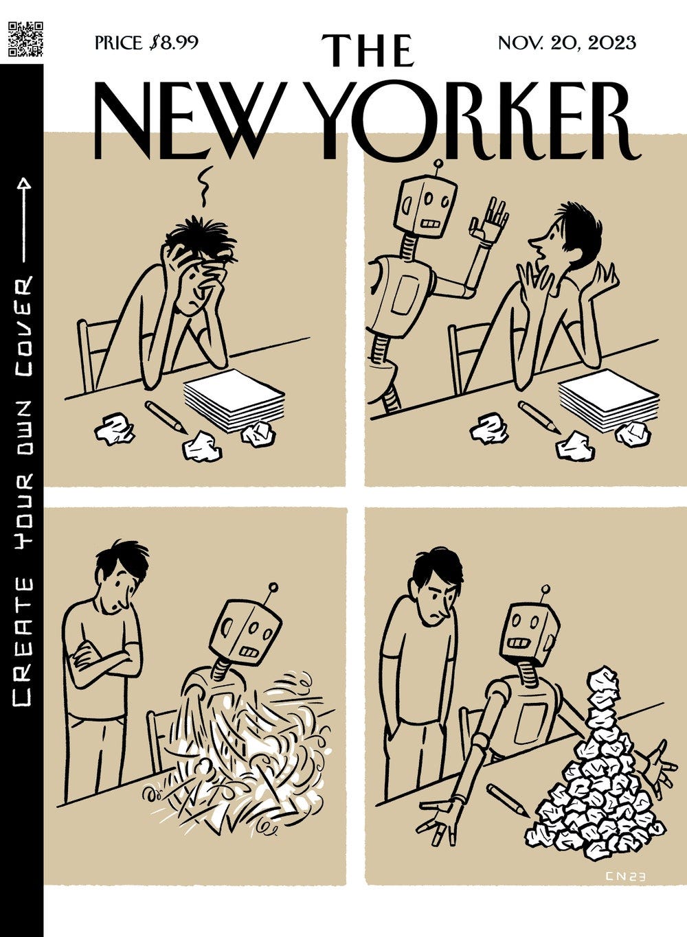The cover of The New Yorker magazine published Nov. 20, 2023 with a cartoon showing a robot unsuccessfully helping a person overcome writers block