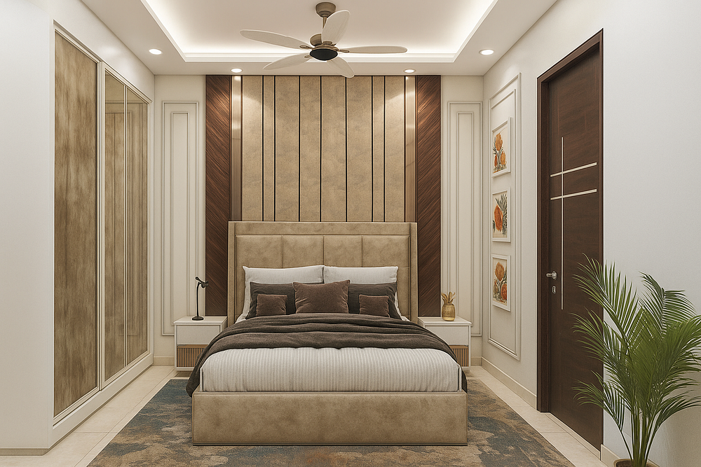 A sophisticated bedroom design featuring a plush beige upholstered bed with layered pillows and a soft blanket in earthy tones. The headboard wall is accented with vertical panels in beige and dark wood, adding depth and elegance. On each side, sleek nightstands with minimal lamps enhance symmetry. A mirrored wardrobe reflects the room’s spaciousness, while warm ceiling lights and a ceiling fan create comfort. Decorative artwork and indoor plants add charm to the serene space.