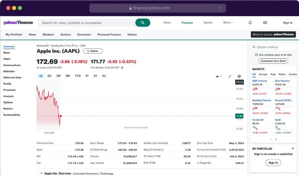 Yahoo finace page